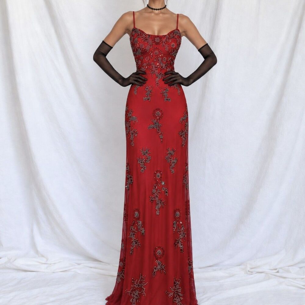 Vintage Y2K Red Floral Beaded Mesh Maxi Formal Bodycon Prom Dress Gown Size S